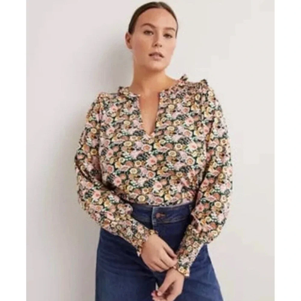 Boden Women Floral Cotton Smocked Ruffle Split Neck Top‎ Multicolor US 6